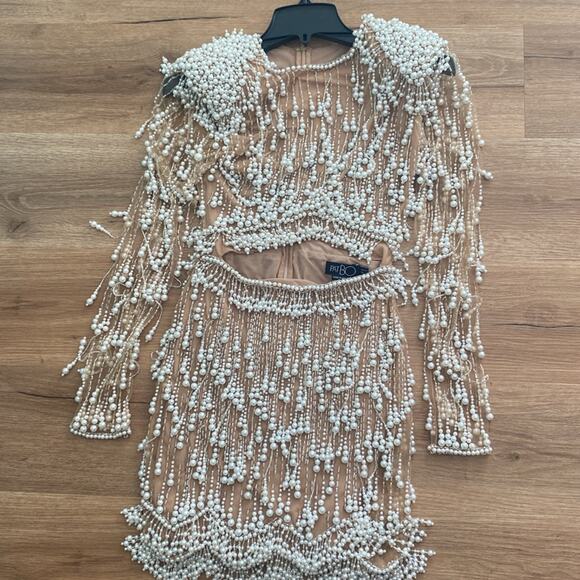 NWOT Patbo FULLY BEADED PEARL CUT-OUT Long Sleeve illusion COCKTAIL DRESS sz 2 - Picture 6 of 9